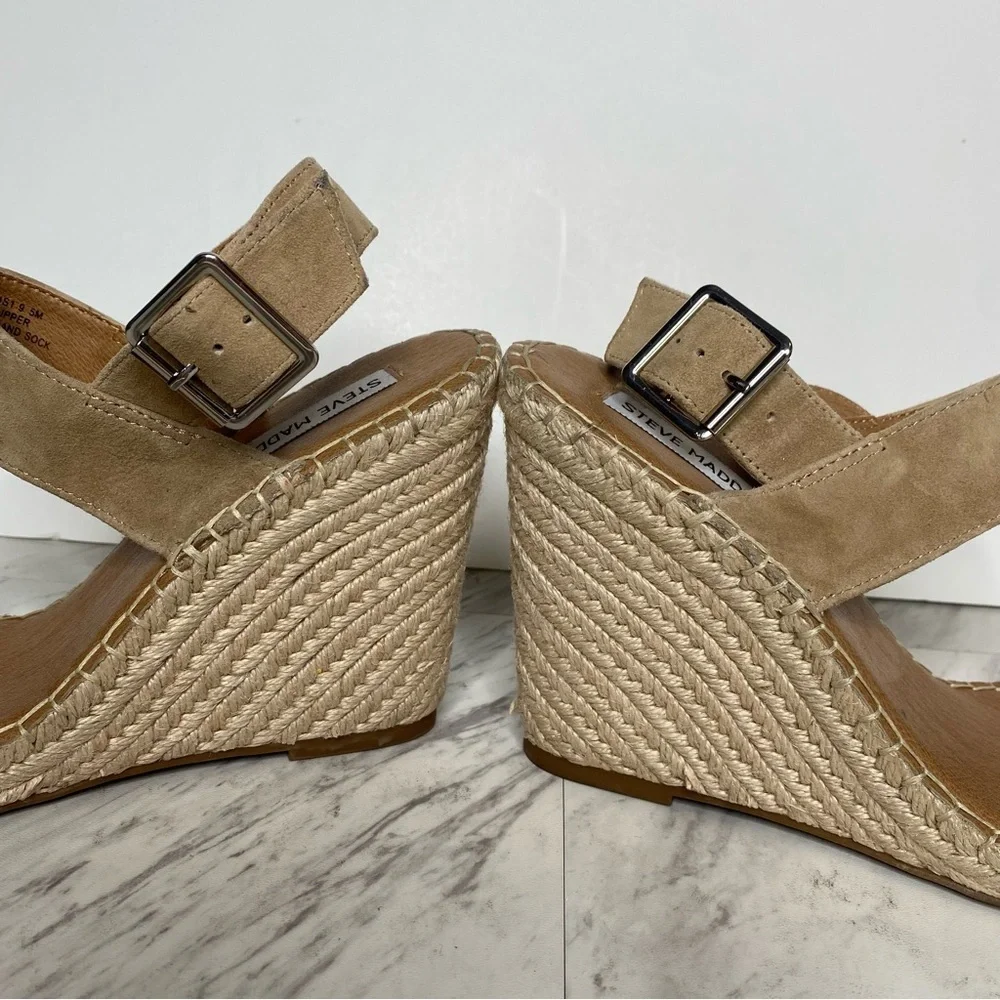 Steve Madden Uri Tan Suede Espadrille Square Toe Wedge Sandal 9 1/2